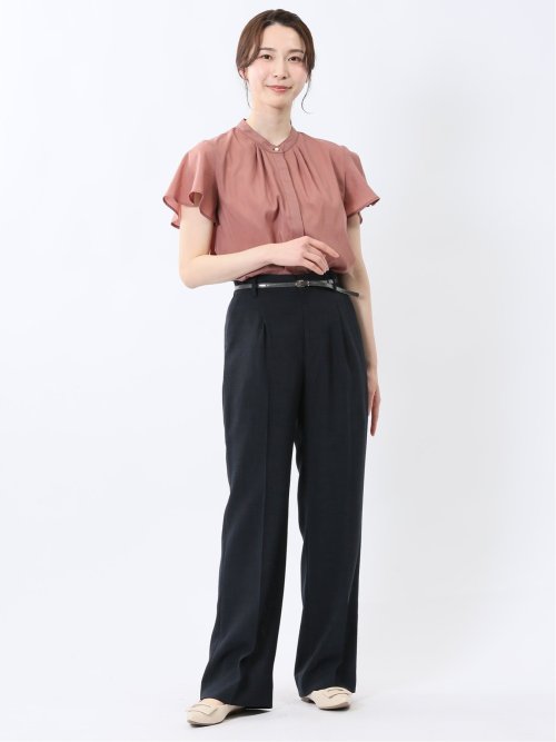 麻調合繊 セミワイドパンツ 紺(セットアップ可能)