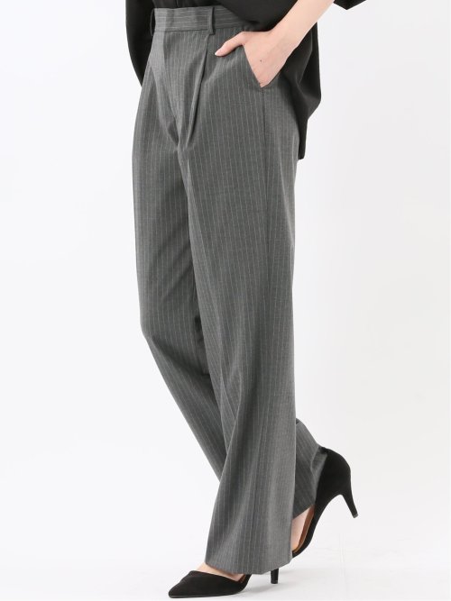 ストレッチウォッシャブル ピンスト タックワイドパンツ グレー(セットアップ可能)