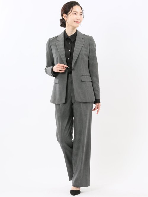 ストレッチウォッシャブル ピンスト タックワイドパンツ グレー(セットアップ可能)