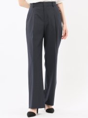 ストレッチウォッシャブル ピンスト タックワイドパンツ 紺(セットアップ可能)