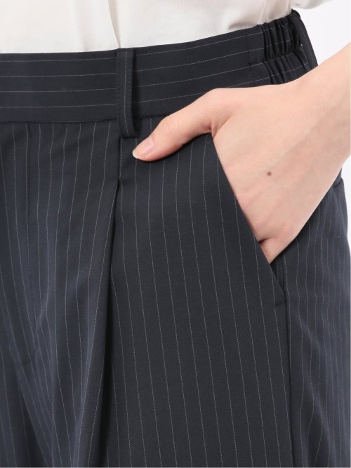 ストレッチウォッシャブル ピンスト タックワイドパンツ 紺(セットアップ可能)