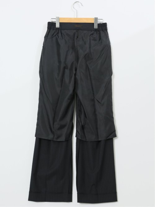 ストレッチウォッシャブル ピンスト タックワイドパンツ 紺(セットアップ可能)