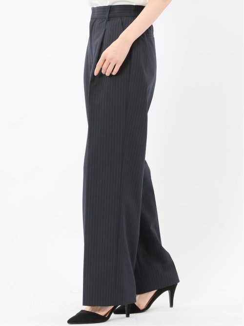 ストレッチウォッシャブル ピンスト タックワイドパンツ 紺(セットアップ可能)