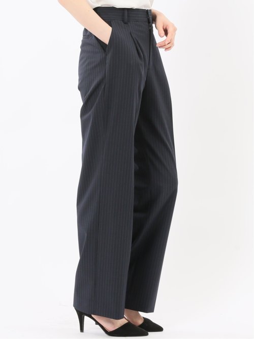 ストレッチウォッシャブル ピンスト タックワイドパンツ 紺(セットアップ可能)