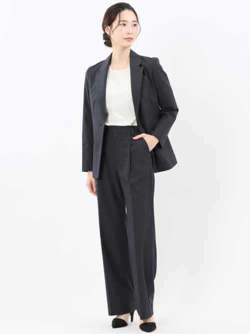 ストレッチウォッシャブル ピンスト タックワイドパンツ 紺(セットアップ可能)