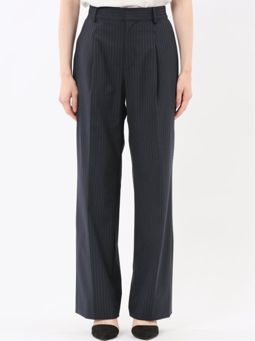 ストレッチウォッシャブル ピンスト タックワイドパンツ 紺(セットアップ可能)