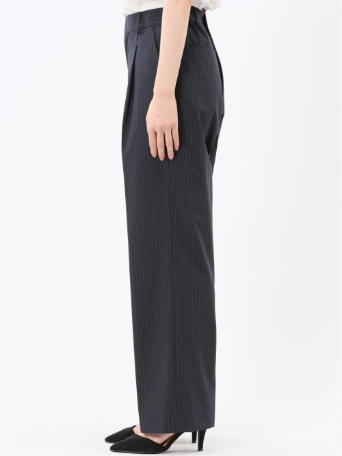 ストレッチウォッシャブル ピンスト タックワイドパンツ 紺(セットアップ可能)