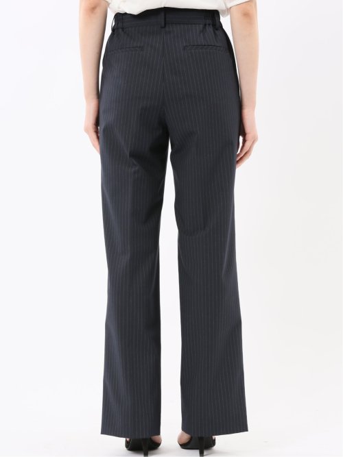 ストレッチウォッシャブル ピンスト タックワイドパンツ 紺(セットアップ可能)