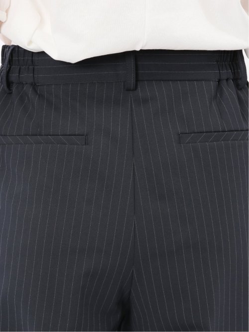 ストレッチウォッシャブル ピンスト タックワイドパンツ 紺(セットアップ可能)