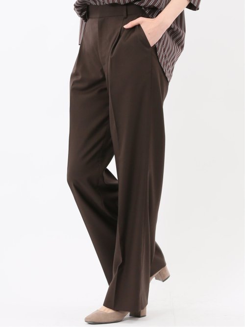 ウォッシャブル クリアツイル タックワイドパンツ こげ茶(セットアップ可能)