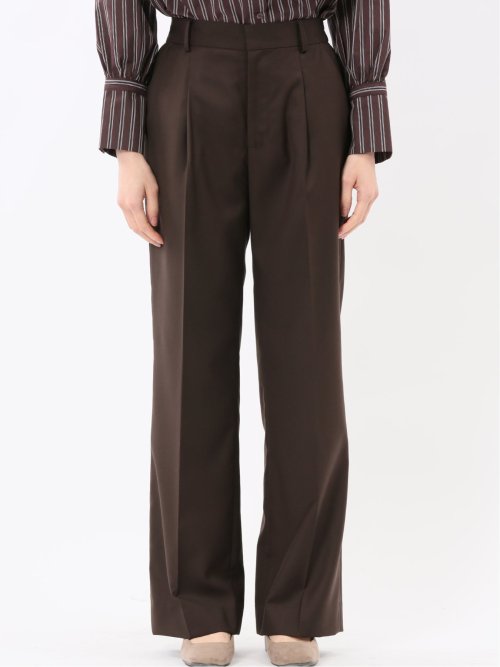 ウォッシャブル クリアツイル タックワイドパンツ こげ茶(セットアップ可能)