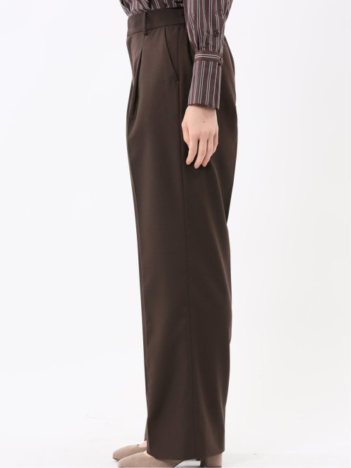 ウォッシャブル クリアツイル タックワイドパンツ こげ茶(セットアップ可能)