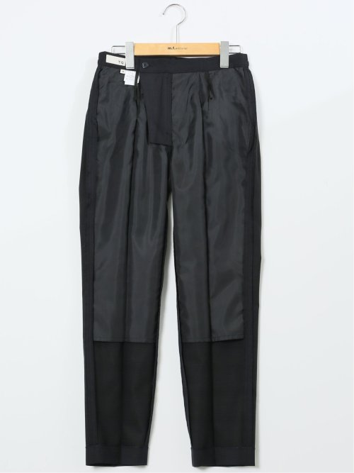 ストレッチウォッシャブル ウール混 タックテーパードパンツ チェック紺(セットアップ可能)