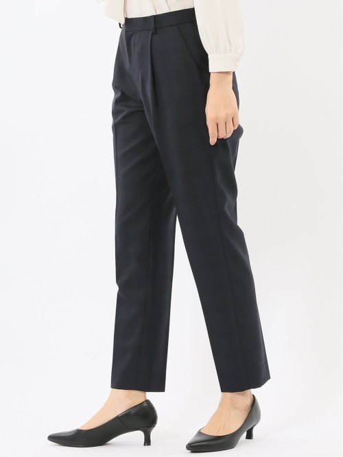 ストレッチウォッシャブル ウール混 タックテーパードパンツ チェック紺(セットアップ可能)