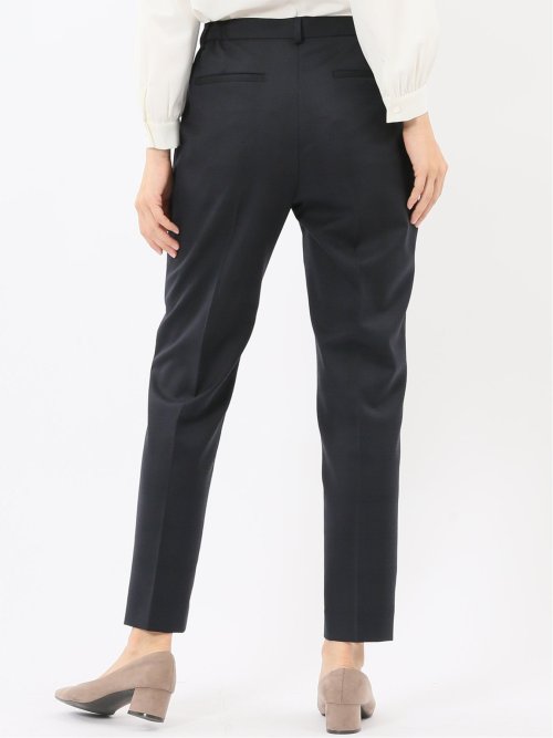 ストレッチウォッシャブル ウール混 タックテーパードパンツ チェック紺(セットアップ可能)