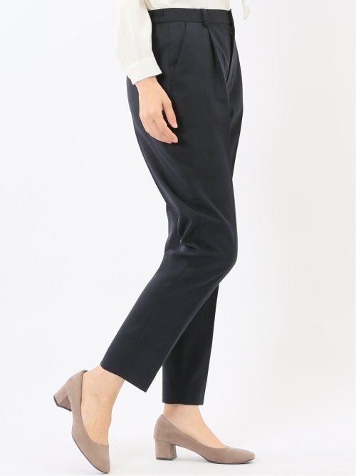 ストレッチウォッシャブル ウール混 タックテーパードパンツ チェック紺(セットアップ可能)