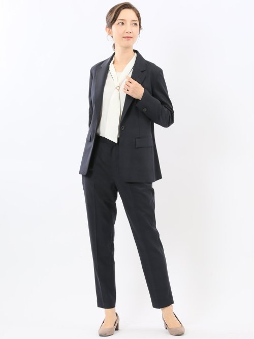 ストレッチウォッシャブル ウール混 タックテーパードパンツ チェック紺(セットアップ可能)