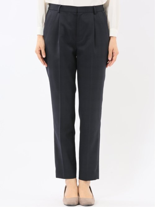 ストレッチウォッシャブル ウール混 タックテーパードパンツ チェック紺(セットアップ可能)