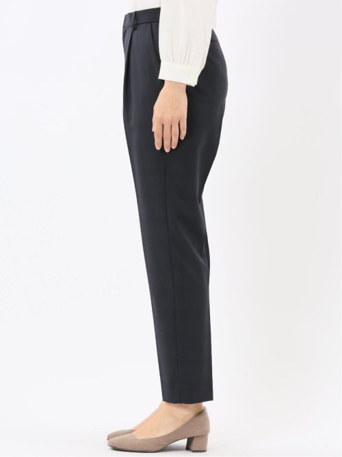 ストレッチウォッシャブル ウール混 タックテーパードパンツ チェック紺(セットアップ可能)