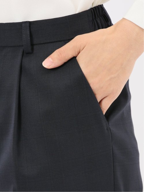 ストレッチウォッシャブル ウール混 タックテーパードパンツ チェック紺(セットアップ可能)