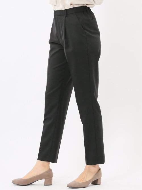 ストレッチウォッシャブル ウール混 タックテーパードパンツ チェック黒(セットアップ可能)