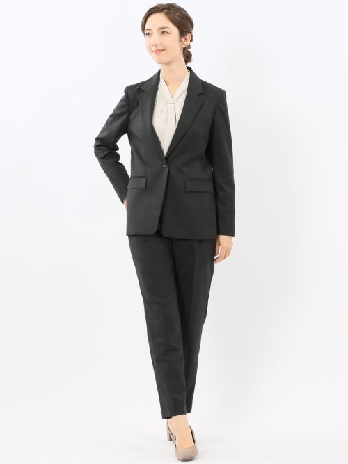 ストレッチウォッシャブル ウール混 タックテーパードパンツ チェック黒(セットアップ可能)