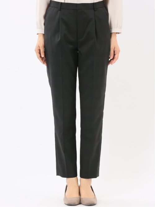 ストレッチウォッシャブル ウール混 タックテーパードパンツ チェック黒(セットアップ可能)