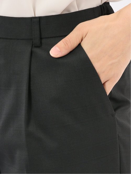 ストレッチウォッシャブル ウール混 タックテーパードパンツ チェック黒(セットアップ可能)