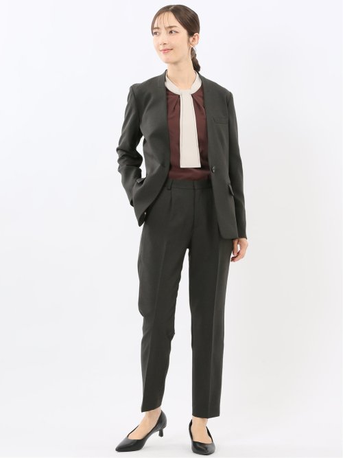 ストレッチウォッシャブル ウール調 タックテーパードパンツ 千鳥グレー(セットアップ可能)