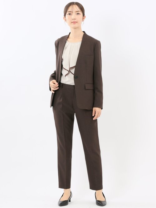 ストレッチウォッシャブル ウール調 タックテーパードパンツ 千鳥こげ茶(セットアップ可能)