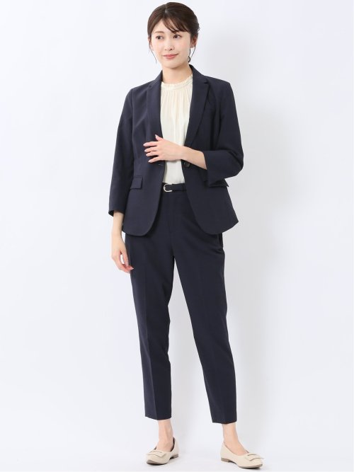 ストレッチウォッシャブル サッカー テーパードパンツ 紺(セットアップ