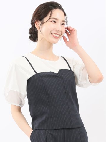 ストレッチウォッシャブル ピンスト ビスチェ 紺(セットアップ可能)