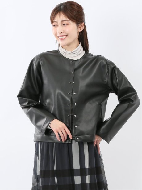 合成皮革 ノーカラーブルゾン
