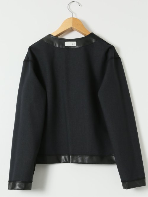 合成皮革 ノーカラーブルゾン