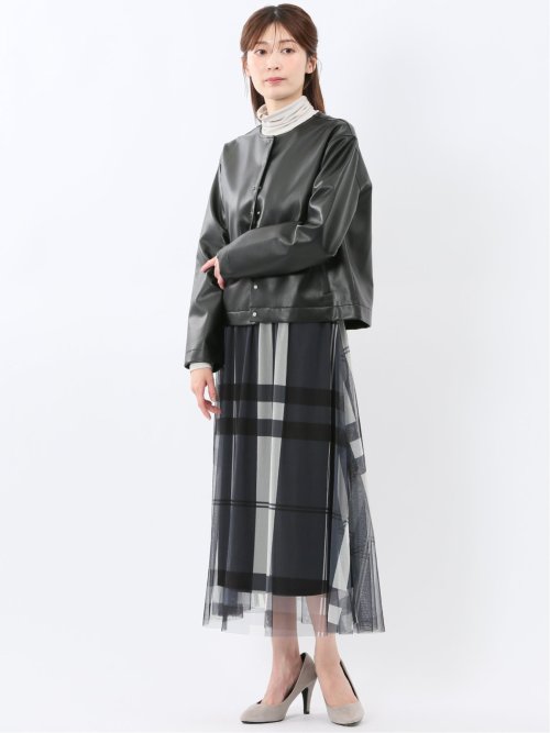 合成皮革 ノーカラーブルゾン