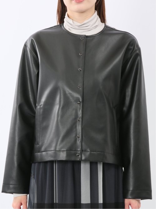 合成皮革 ノーカラーブルゾン