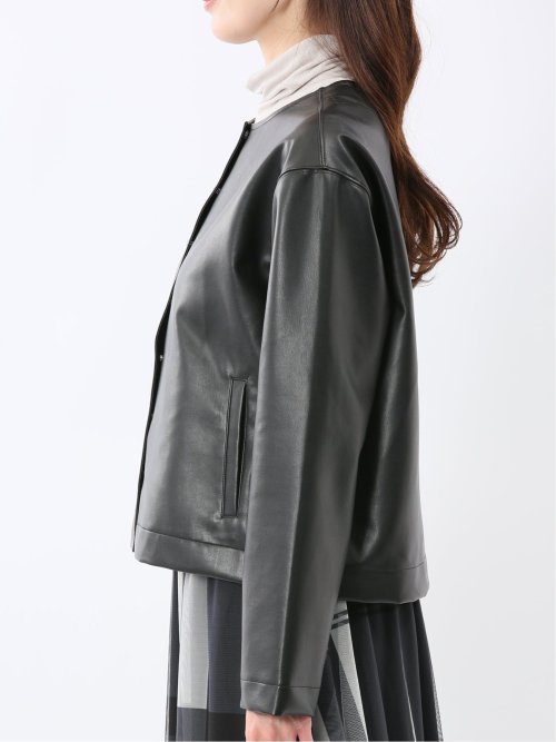 合成皮革 ノーカラーブルゾン