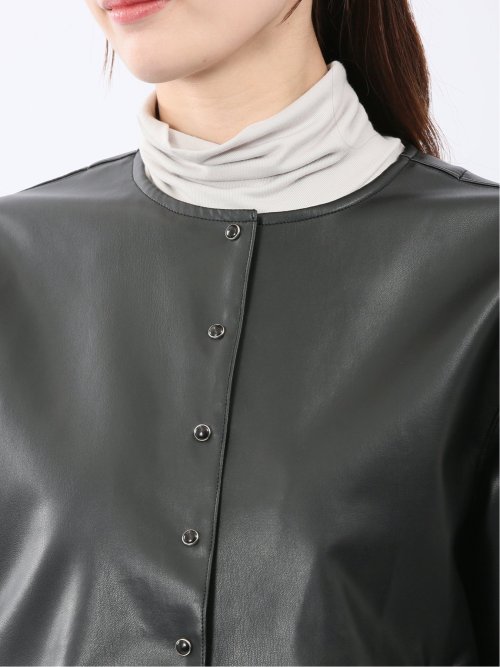 合成皮革 ノーカラーブルゾン