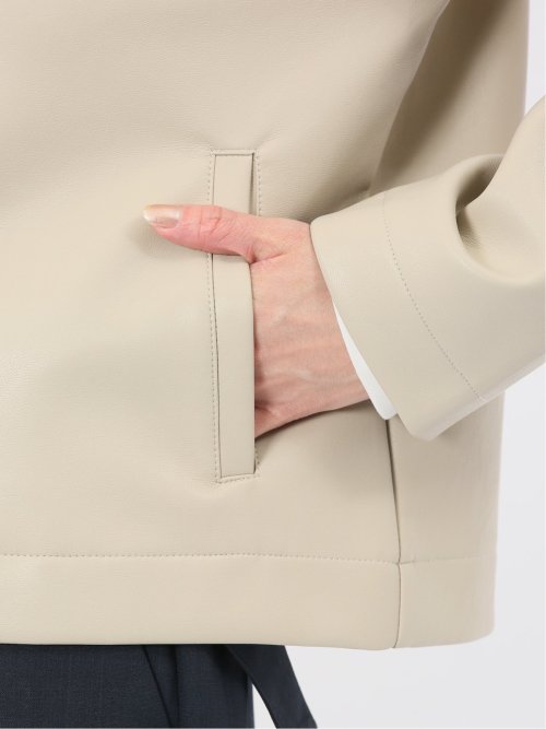 合成皮革 ノーカラーブルゾン