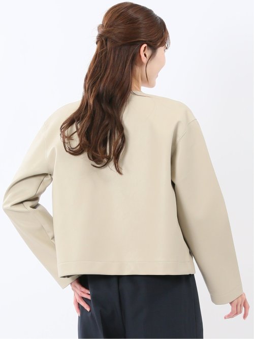 合成皮革 ノーカラーブルゾン