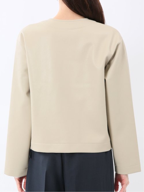 合成皮革 ノーカラーブルゾン