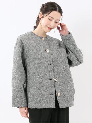 ツイード調ボンディング ノーカラーブルゾン