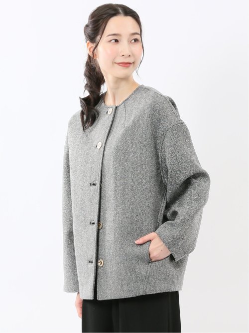 ツイード調ボンディング ノーカラーブルゾン