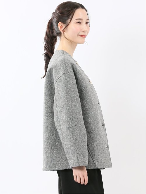 ツイード調ボンディング ノーカラーブルゾン