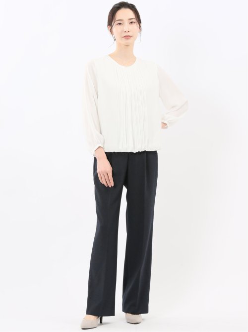 消しプリーツ 長袖プルオーバーブラウス