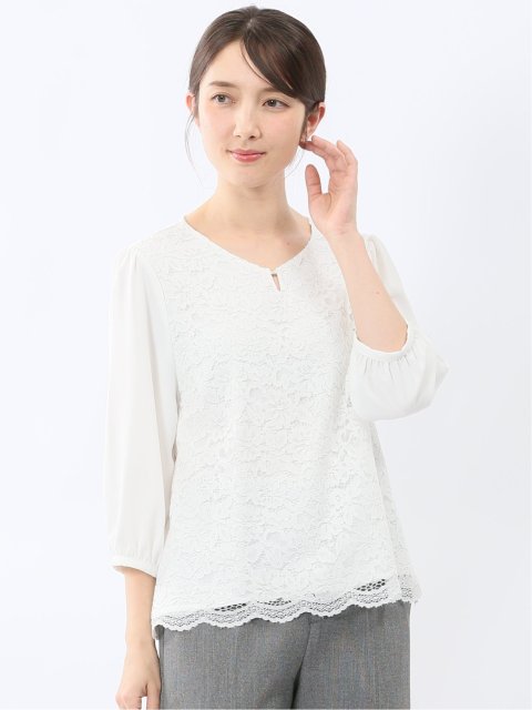 前身レース 7分袖プルオーバーブラウス