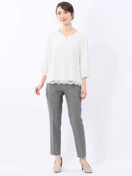 前身レース 7分袖プルオーバーブラウス