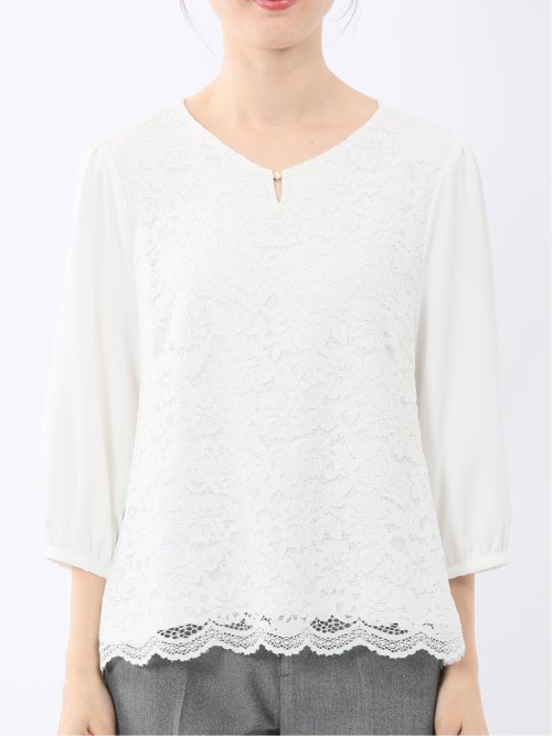 前身レース 7分袖プルオーバーブラウス