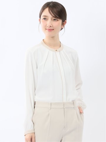 バンドカラー配色 比翼 長袖ブラウス