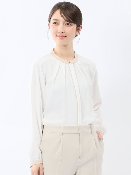 バンドカラー配色 比翼 長袖ブラウス